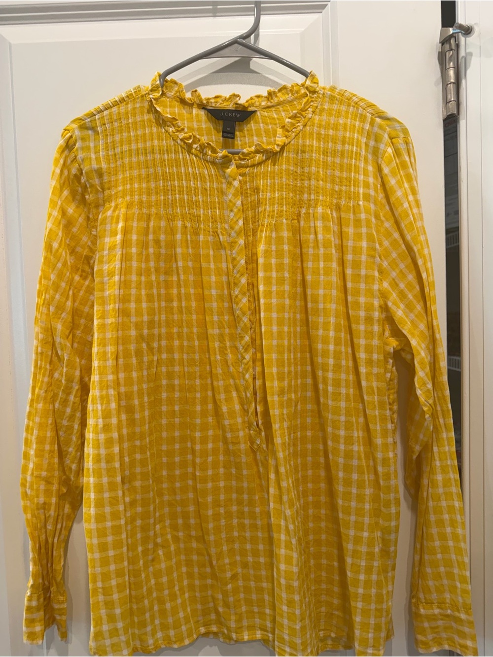 J. Crew Yellow Plaid Ruffle-Neck Long Sleeve Blouse
